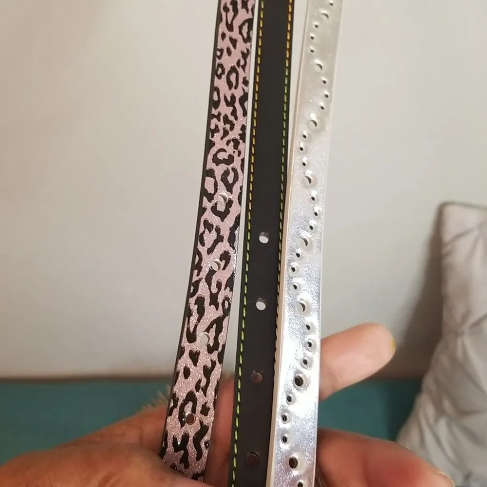 Girls 3 Belt Set Pink Leopard, Black multicolor stitch, & Metallic Silver NWT XL